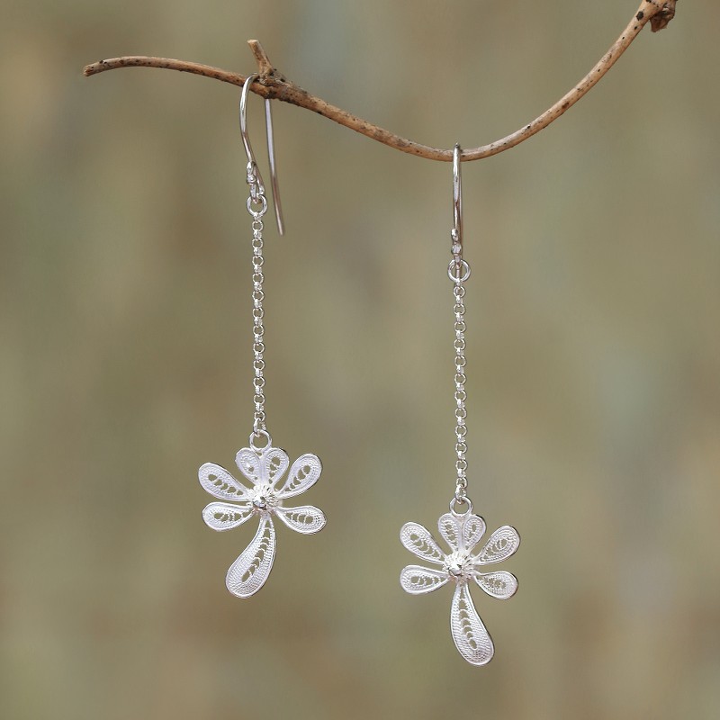 Sterling Silver Filigree Dangle Earrings Crafted in Java, "Wondrous Kinjeng"