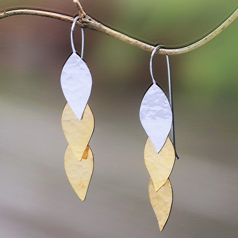 Modern Gold Accent Sterling Silver Dangle Earrings from Bali, "Fall Gold"