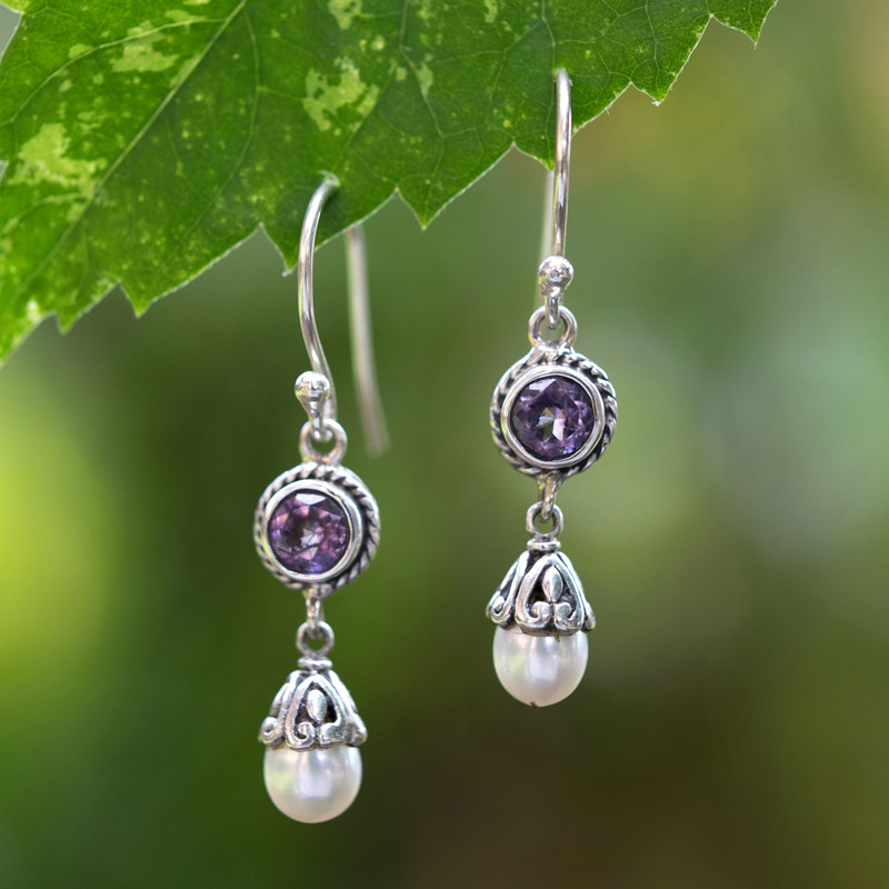 Amethyst and Cultured Pearl Dangle Earrings from Bali, "Fruit of Light"