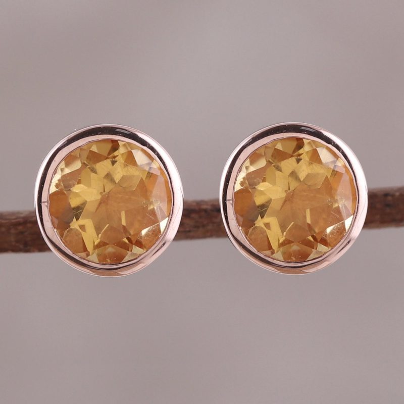 22k Rose Gold Plated Faceted Citrine Stud Earrings, "Sparkling World"
