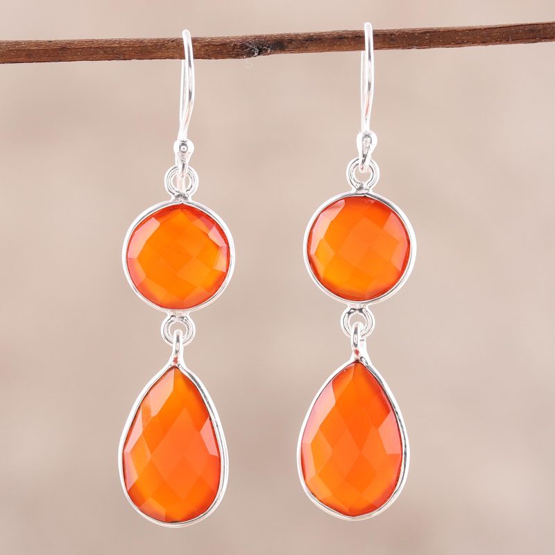 13.5-Carat Carnelian Dangle Earrings from India, "Fiery Charm"