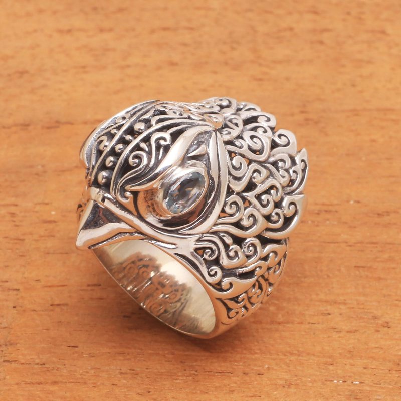 Men's Blue Topaz Bird Ring Crafted in Bali, "Falcon's Gaze"