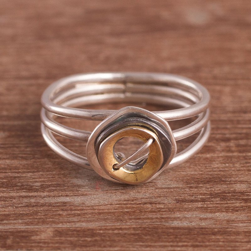 Modern Gold Accented Sterling Silver Cocktail Ring from Peru, "Contemporary Eclipse"