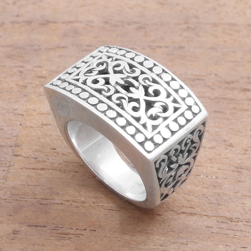 Patterned Sterling Silver Signet Ring from Bali, "Balinese Shield"