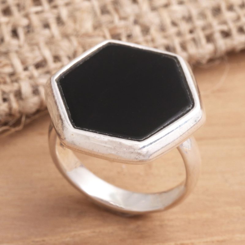 Men's Hexagonal Onyx Ring from Bali, "Hexagon Mystery"