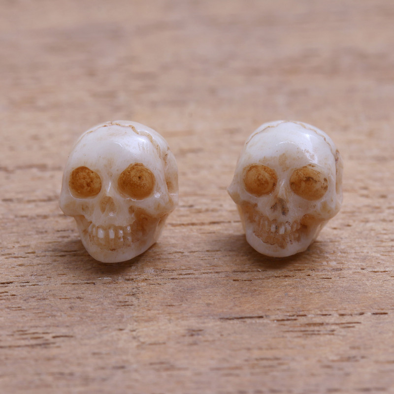 Hand-Carved Skull Bone Stud Earrings from Bali, "Faces of Trunyan"