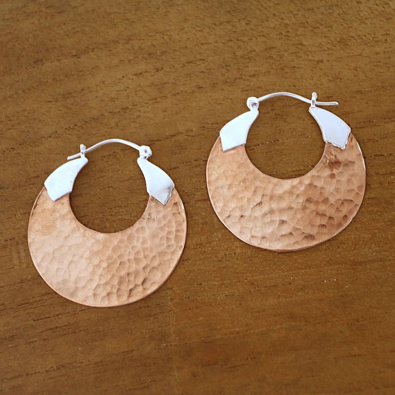 18K Rose Gold Plated Hammered Copper Hoop Earrings, "Radiant Reflections"