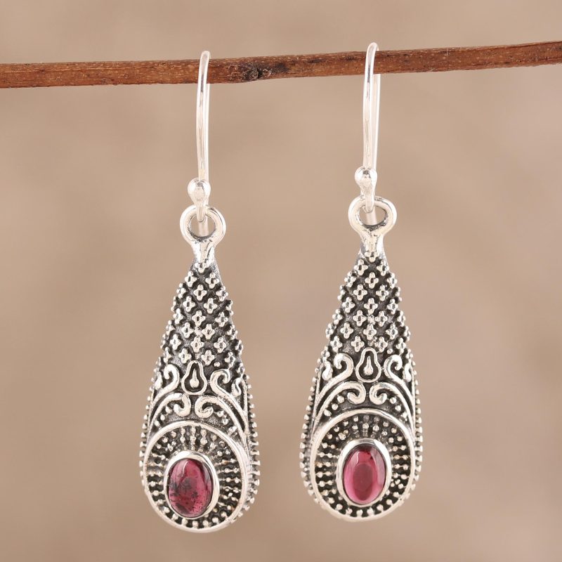 Patterned Garnet Dangle Earrings from India, "Regal Drops"