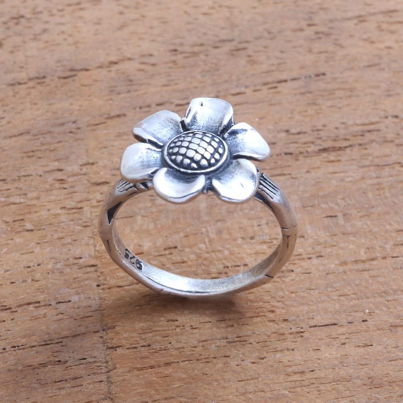 Lotus Flower Sterling Silver Cocktail Ring from Bali, "Singular Lotus"