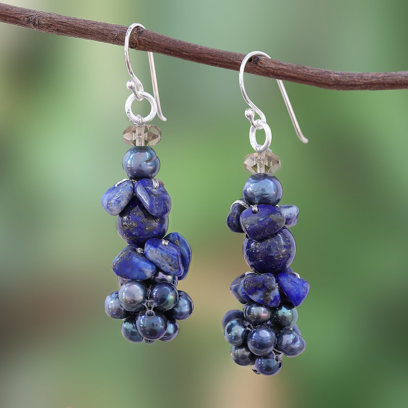 Lapis Lazuli and Cultured Pearl Cluster Earrings, "Heaven's Gift"