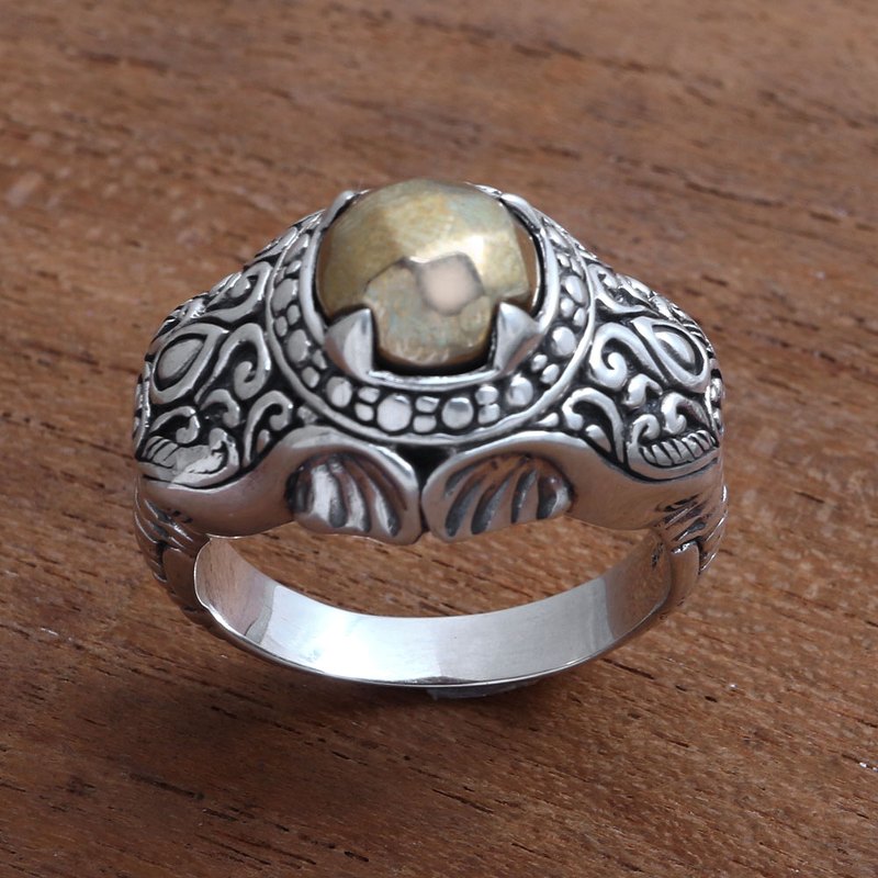 Men's Brass Accented Sterling Silver Elephant Ring from Bali, "Elephant Temple in Brass"