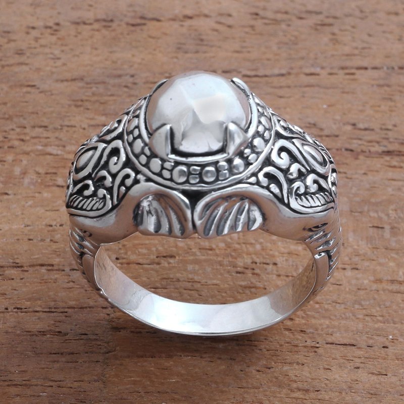 Men's Sterling Silver Elephant Ring from Bali, "Elephant Temple"