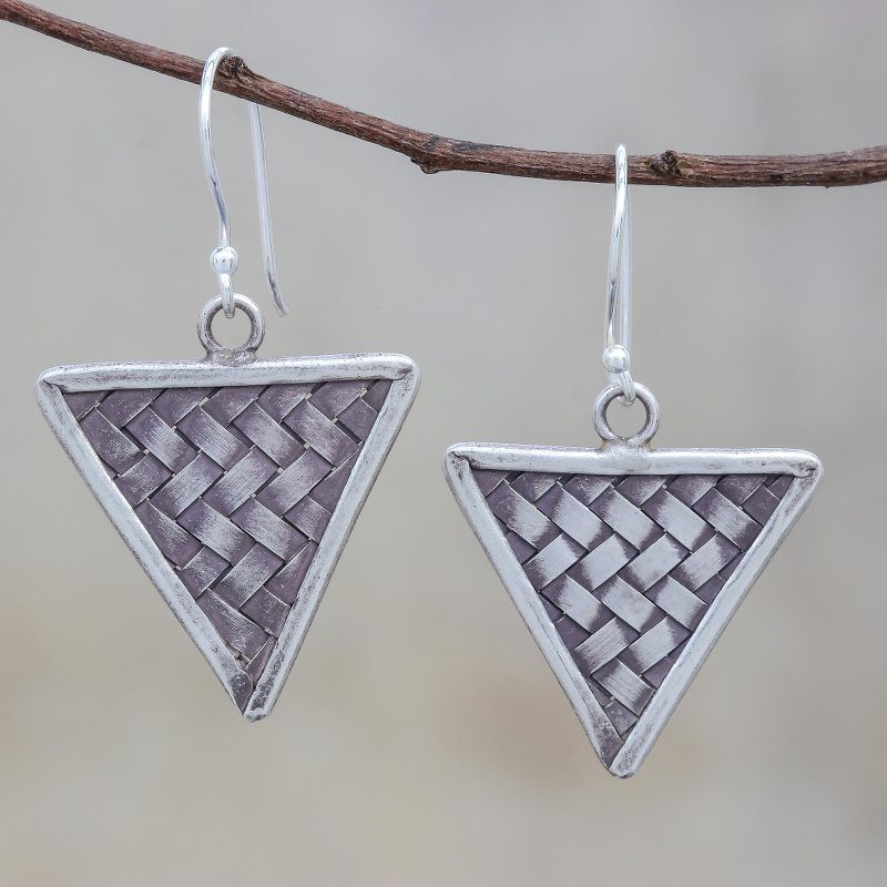 Weave Motif Karen Silver Dangle Earrings from Thailand, "Triangle Weave"
