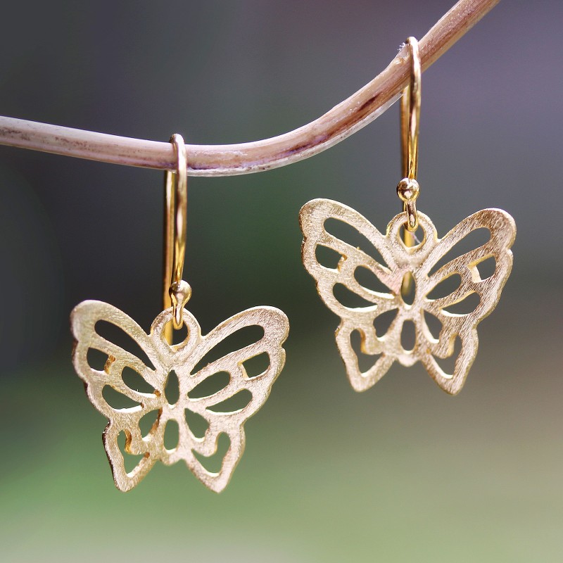 18k Gold Plated Sterling Silver Butterfly Dangle Earrings, "Butterfly Gold"