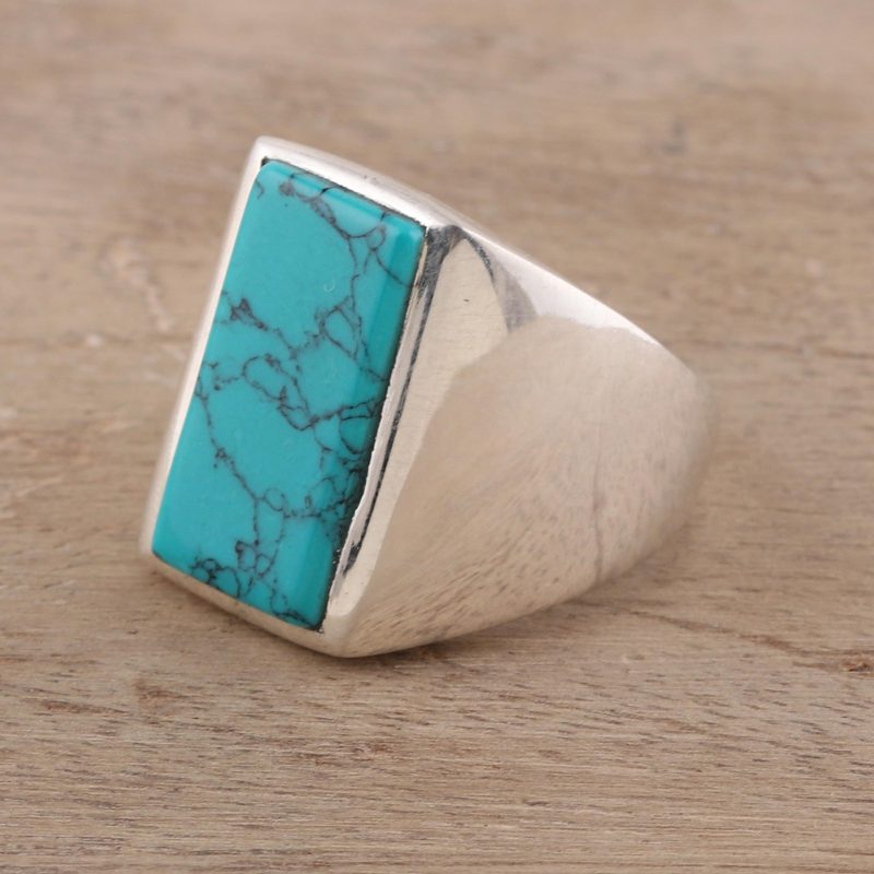 925 Sterling Silver and Reconstituted Turquoise Men's Ring, "Classy Man"