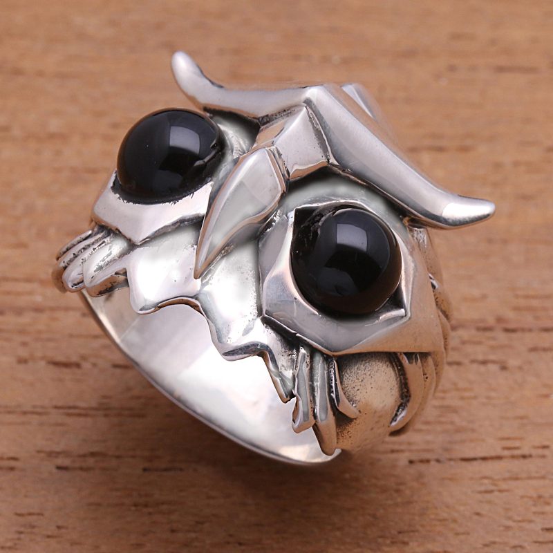 Men's Obsidian Owl Ring from Bali, "Fierce Owl"