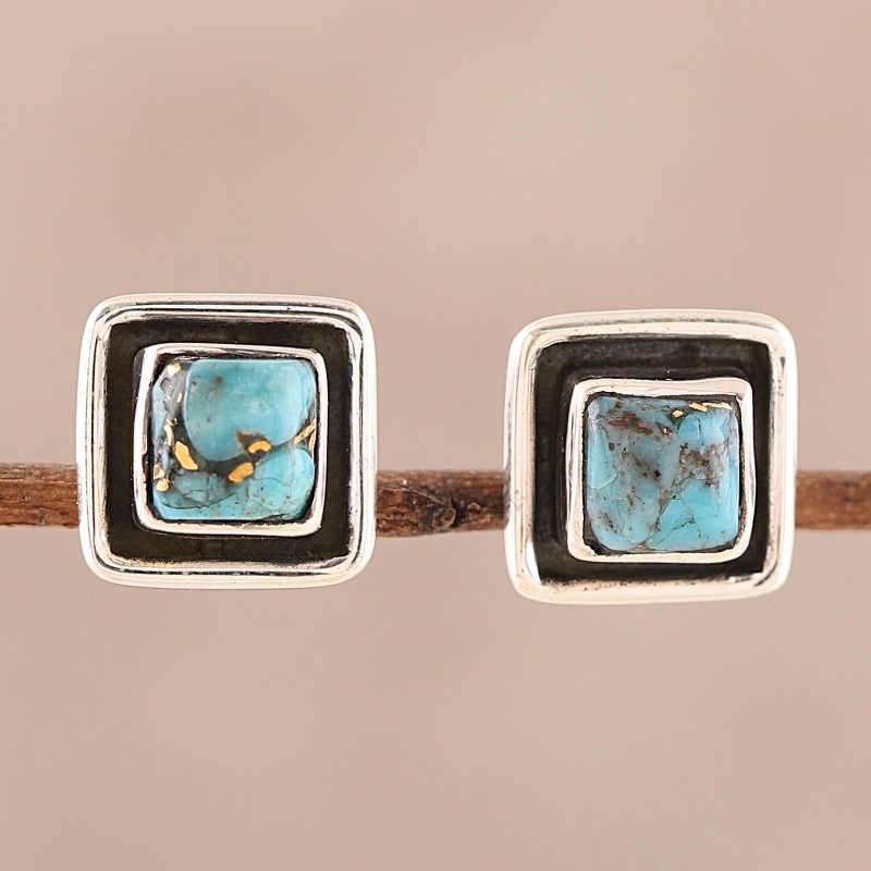 Square Sterling Silver and Composite Turquoise Stud Earrings, "Mystic Frame"