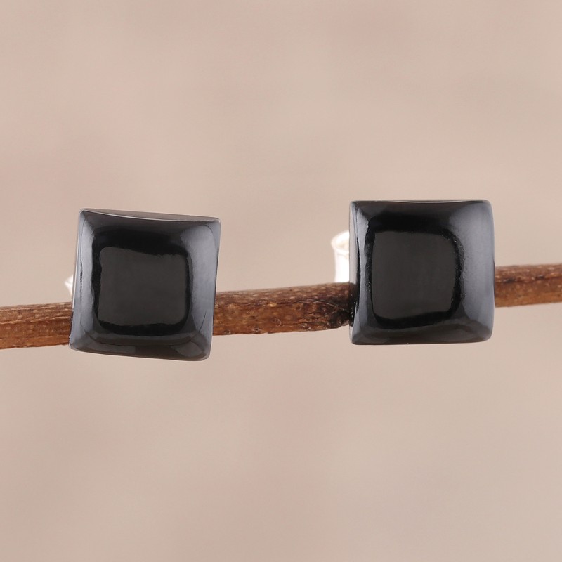 Square Black Onyx Stud Earrings from India, "Contemporary Corners"