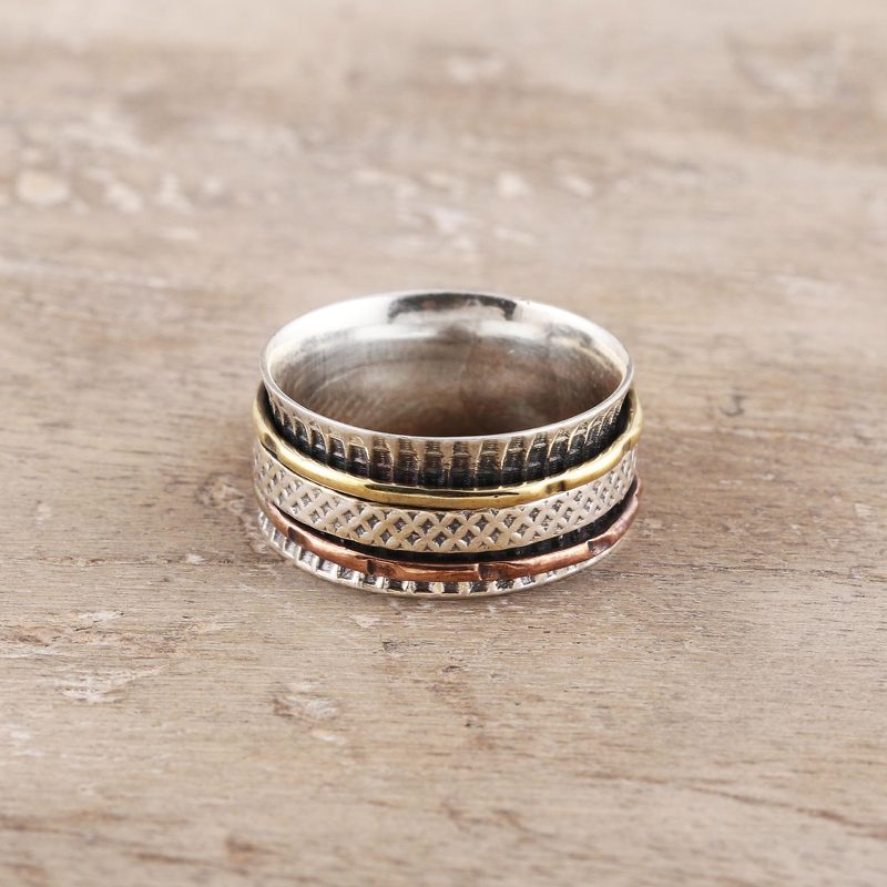 Patterned Sterling Silver Spinner Ring from India, "Rotating Unity"