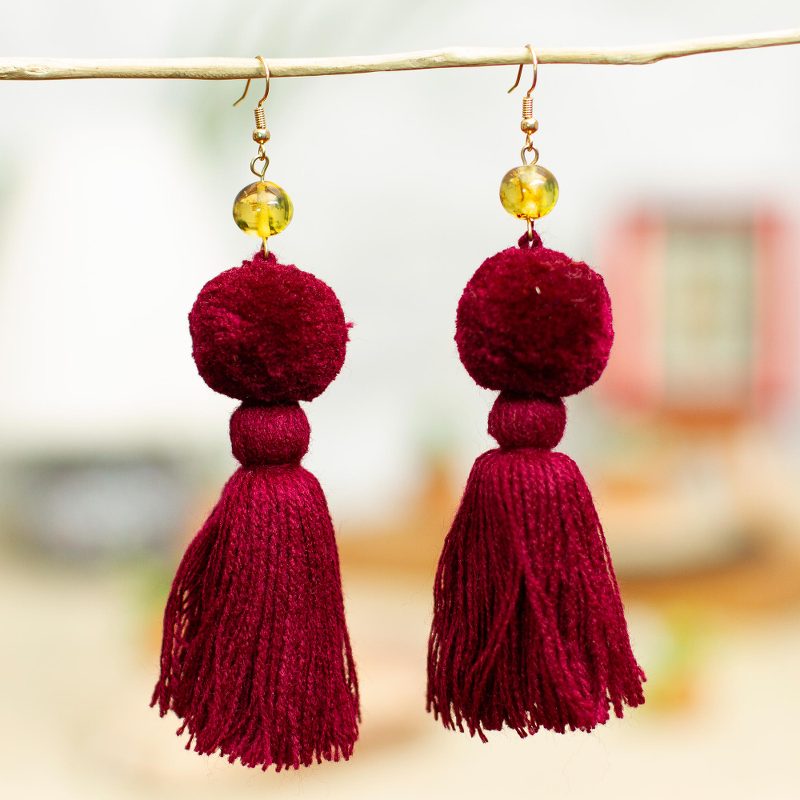 Amber and Cotton Dangle Earrings in Maroon from Mexico, "Lovely Tassels in Maroon"