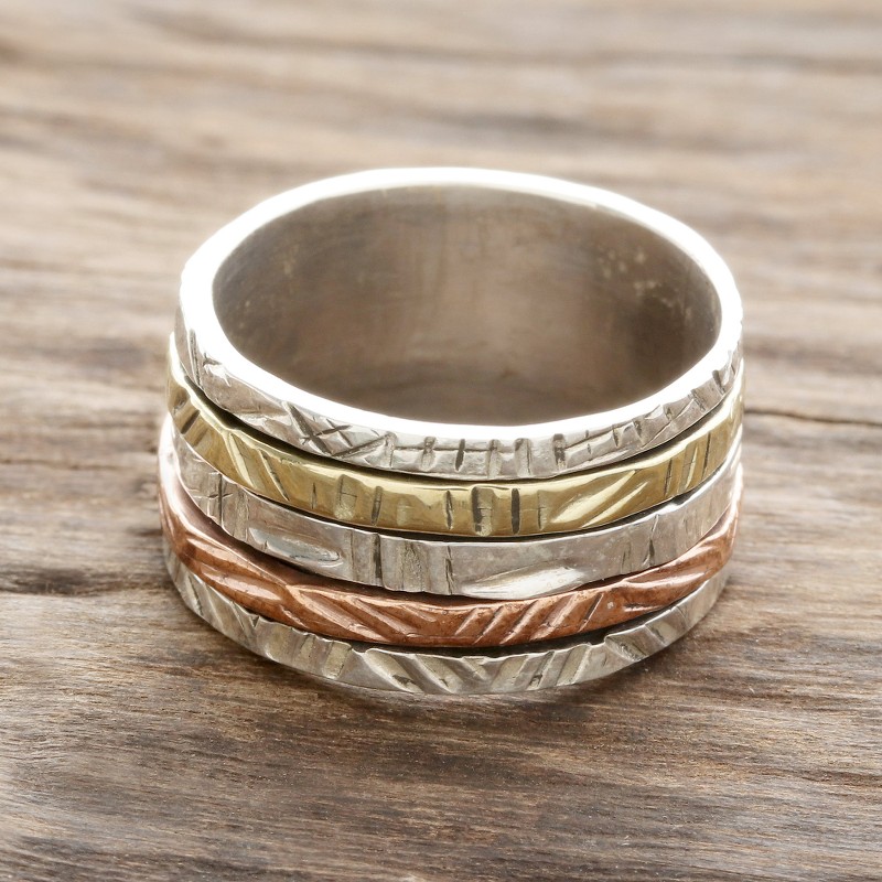 Patterned Sterling Silver Spinner Ring with Brass and Copper, "Moving Patterns"