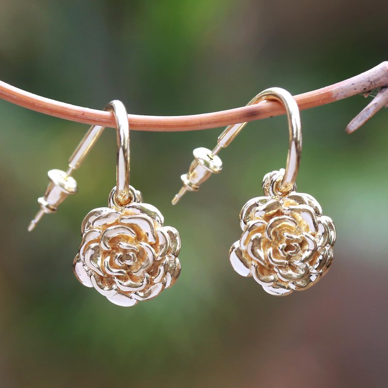 18k Gold Plated Sterling Silver Rose Earrings from Bali, "Glinting Roses"