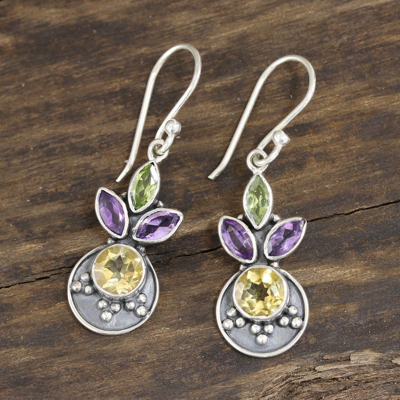 3-Carat Multi-Gemstone Dangle Earrings from India, "Glittering Melody"