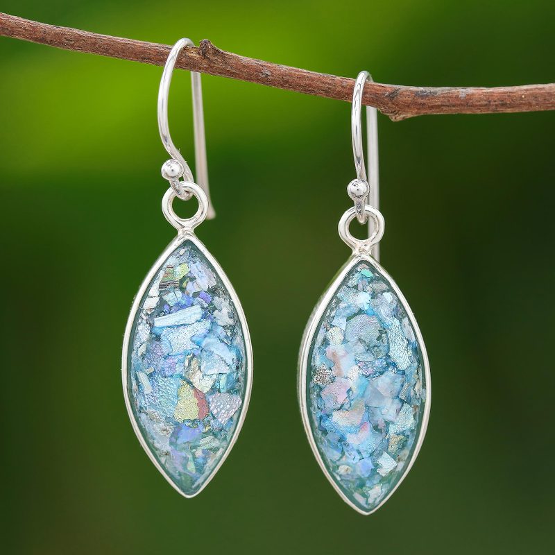 Marquise Roman Glass Dangle Earrings from Thailand, "Ancient Marquise"