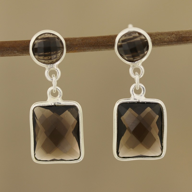 13.5-Carat Smoky Quartz Dangle Earrings from India, "Glittering Delight"