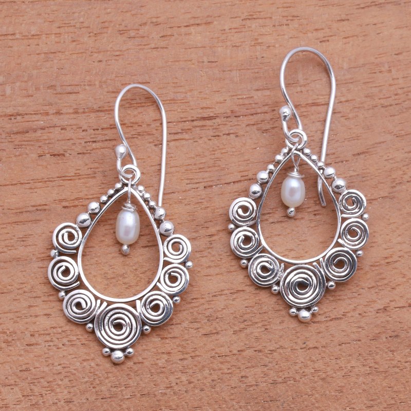 Spiral Pattern Cultured Pearl Dangle Earrings from Bali, "Spiral Vision"
