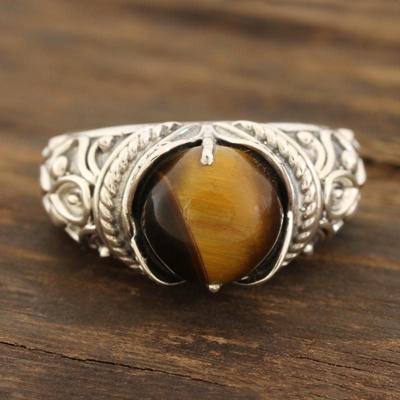 Patterned Tiger's Eye Cocktail Ring from India, "Earthen Bliss"
