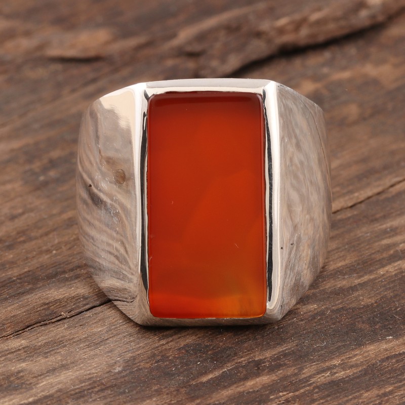 Men's Natural Carnelian Ring Crafted in India, "Red-Orange Obelisk"