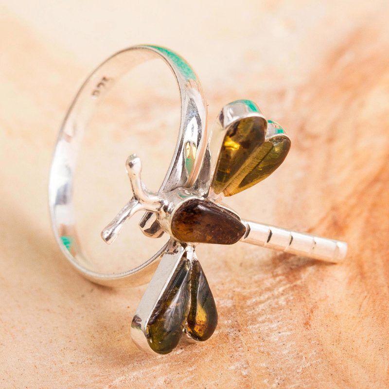 Amber Dragonfly Wrap Ring from Mexico, "Age-Old Dragonfly"