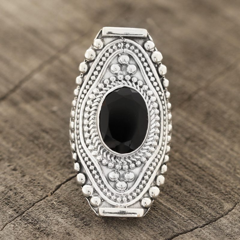 Patterned Onyx Cocktail Ring from India, "Midnight Style"
