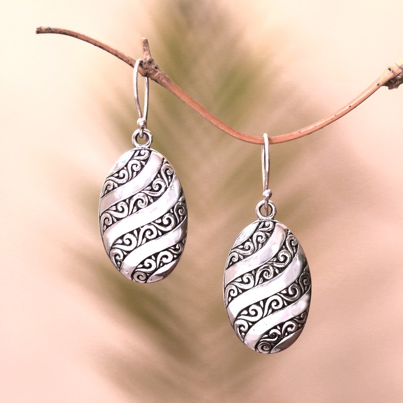 Wave and Swirl Pattern Sterling Silver Dangle Earrings, "Oval Wave"