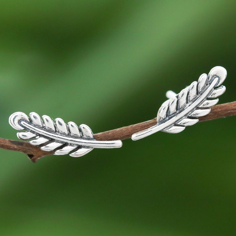 Leafy Sterling Silver Button Earrings from Thailand, "Adorable Leaves"