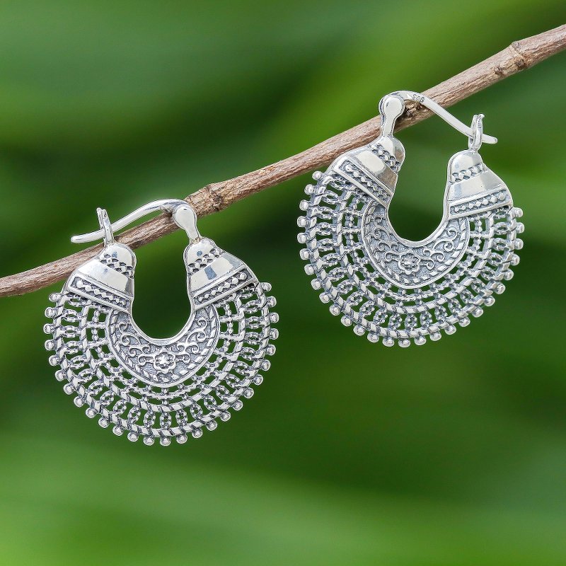 Patterned Sterling Silver Hoop Earrings from Thailand, "Thai Classic"