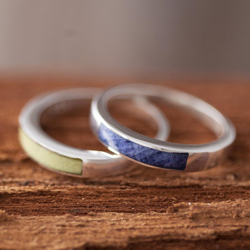 Sodalite and Serpentine Band Rings (Pair), "Dual Enchantment"