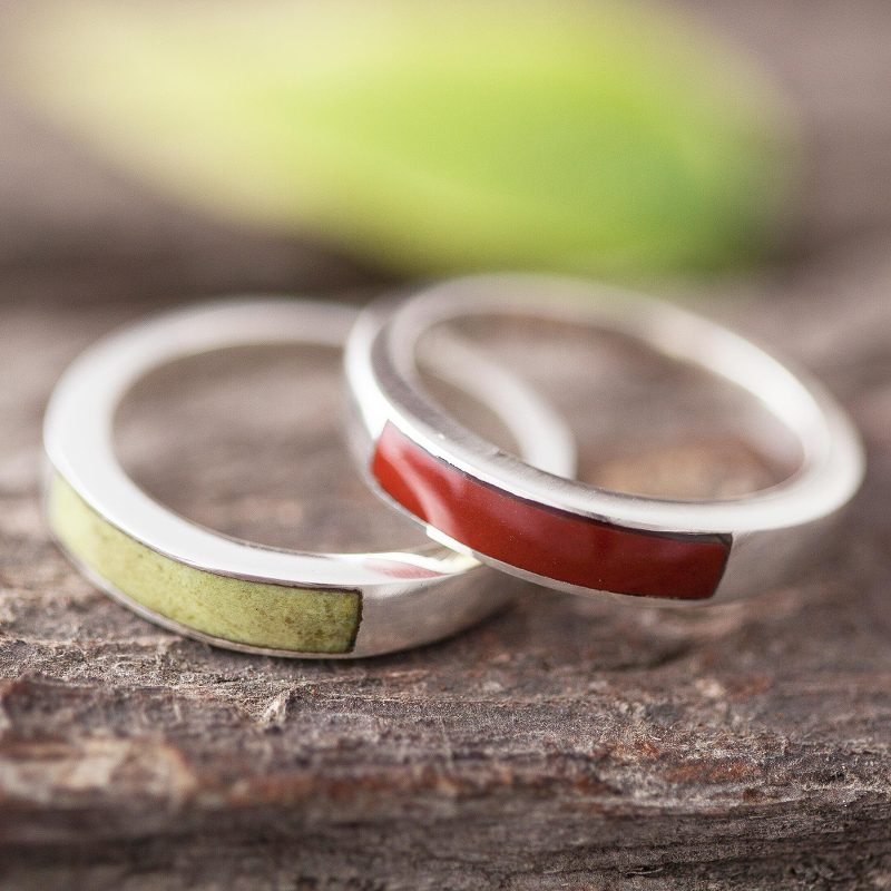 Jasper and Serpentine Band Rings (Pair), "Dual Enchantment"