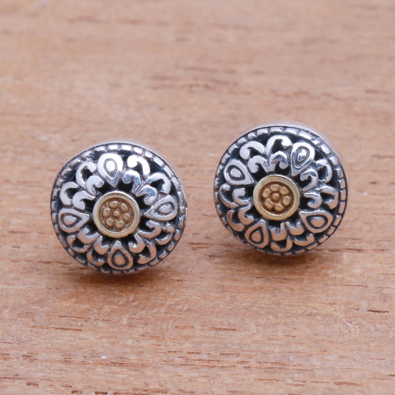 Wave Pattern Gold Accented Sterling Silver Stud Earrings, "Essence of Sun"
