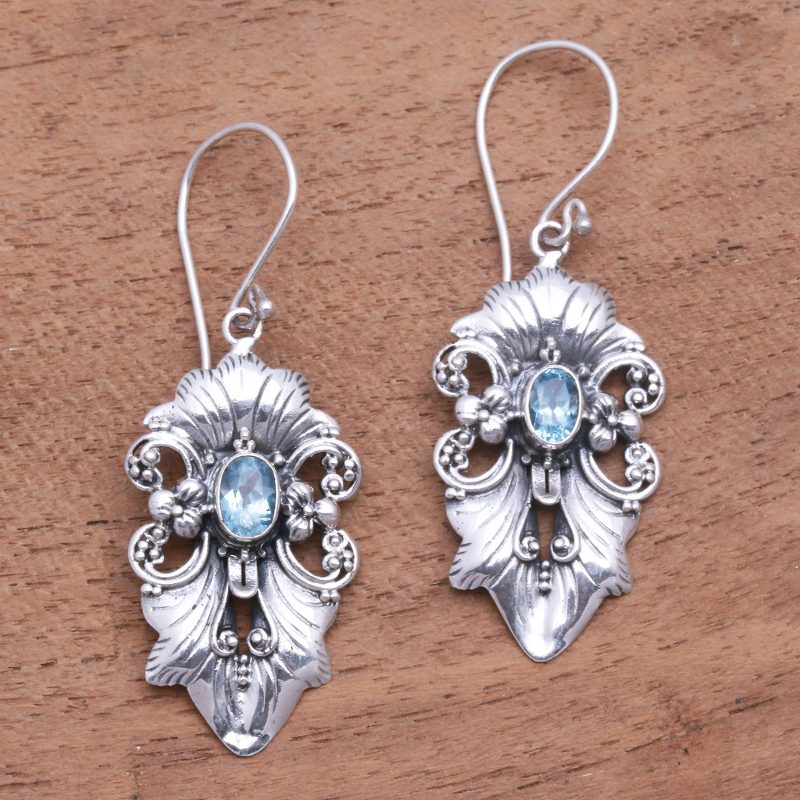 Ribbon Pattern Blue Topaz Dangle Earrings from Bali, "Sparkling Crest"