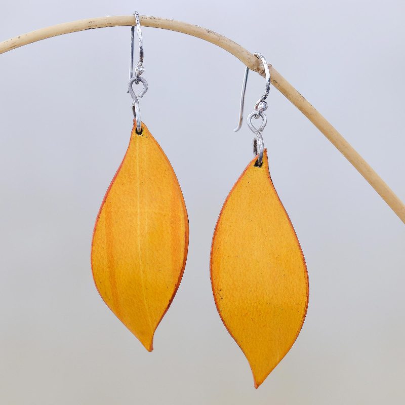 Leaf-Shaped Leather Dangle Earrings in Yellow from Thailand, "Fanciful Leaves in Yellow"