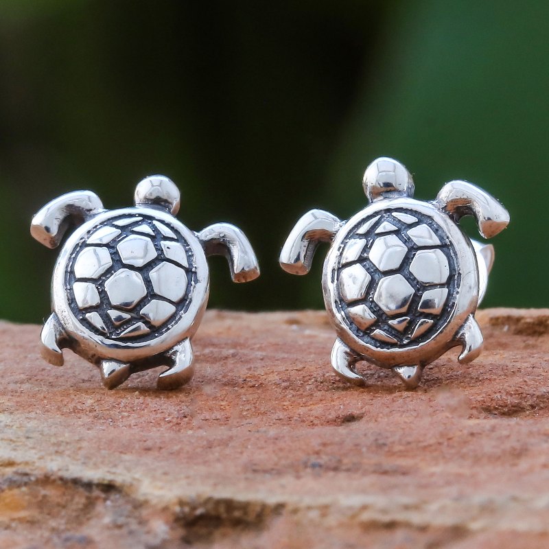 Thai Artisan Handcrafted Sterling Silver Turtle Earrings, "Tiny Turtles"