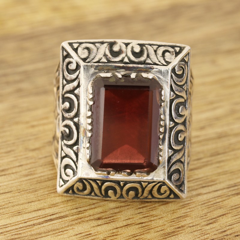 Men's Rectangular Garnet Ring from India, "Delhi Crimson"