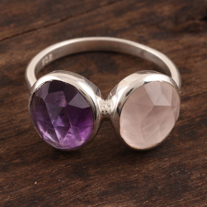 7-Carat Amethyst and Rose Quartz Cocktail Ring from India, "Delightful Fusion"