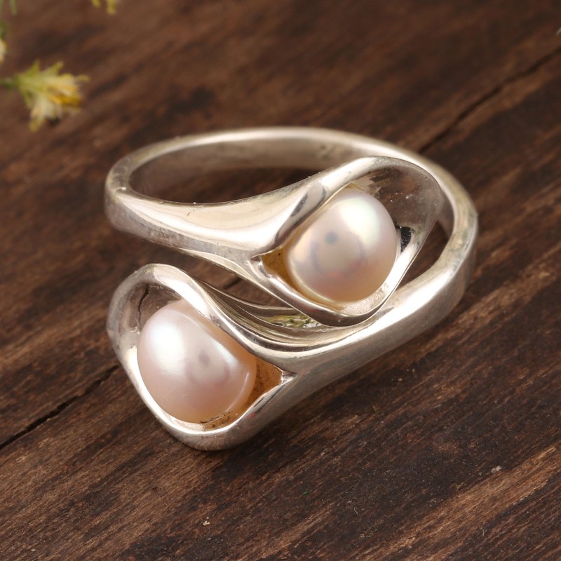 Lily Flower Cultured Pearl Wrap Ring from India, "Lily Twins"