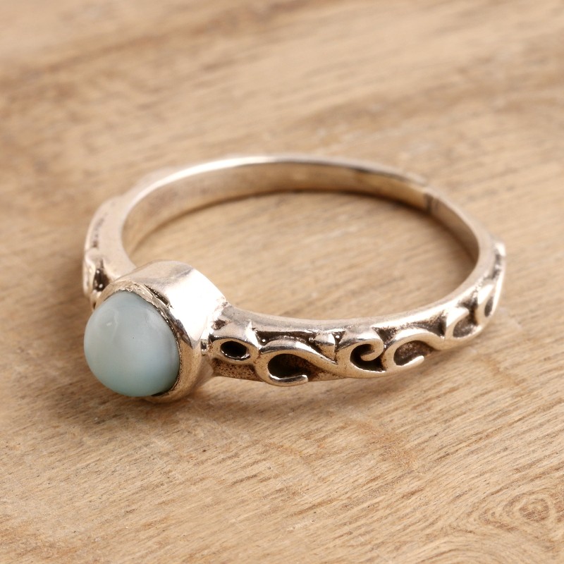 Wave Pattern Larimar Solitaire Ring from India, "Sky Globe"