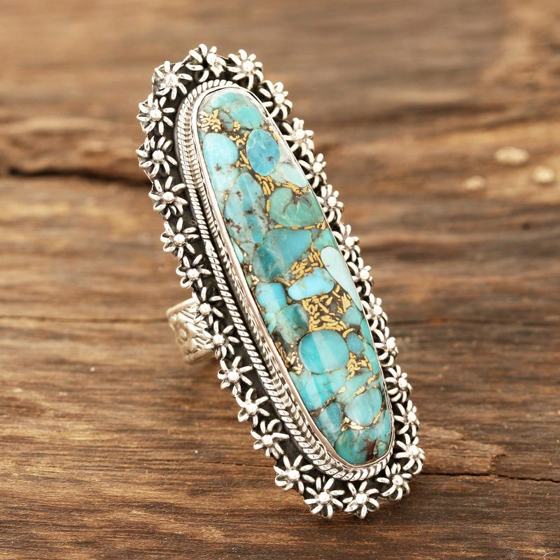 Star Pattern Composite Turquoise Cocktail Ring from India, "Alluring Blue"