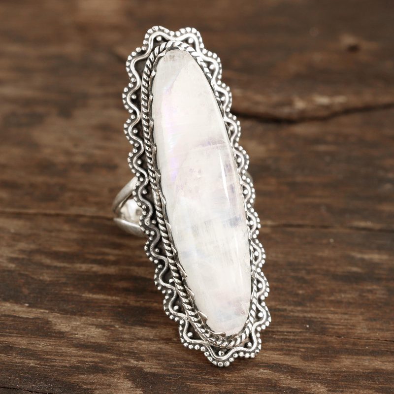 Wave Pattern Rainbow Moonstone Cocktail Ring from India, "Misty Waves"