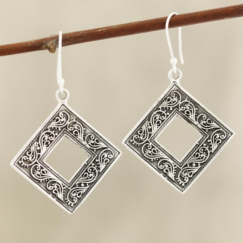 Vine Pattern Sterling Silver Dangle Earrings from India, "Classic Kites"